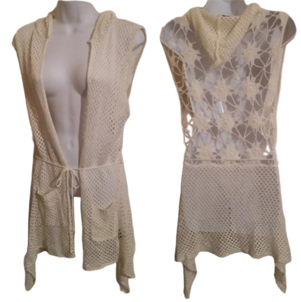 Neslay Paris Crochet Hooded Knit Top Swim Cover Up Y2k